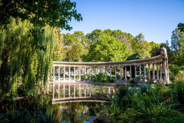 Corinthian colonnade and pond in Parc Monceau gardens, Paris, France